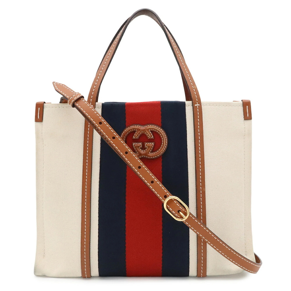 GUCCI Interlocking G Web Stripe Tote Bag Shoulder Canvas Natural Brown 727728